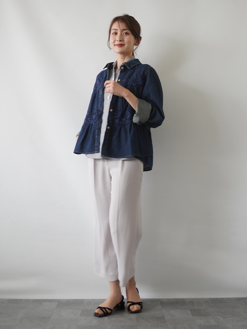 【20％OFF】レース付ティアードデニムシャツ