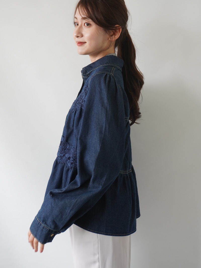 【20％OFF】レース付ティアードデニムシャツ