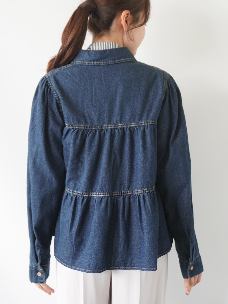 【20％OFF】レース付ティアードデニムシャツ