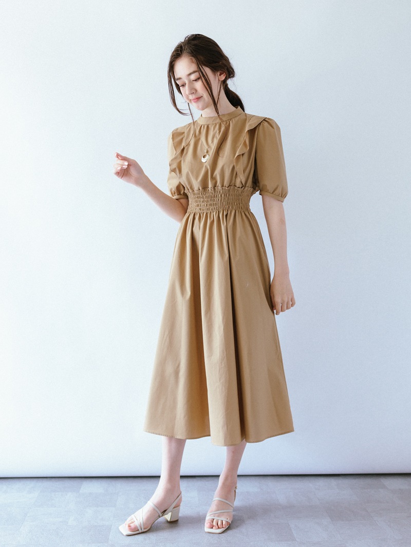5分袖無地シャーリングワンピース［キレイめ］