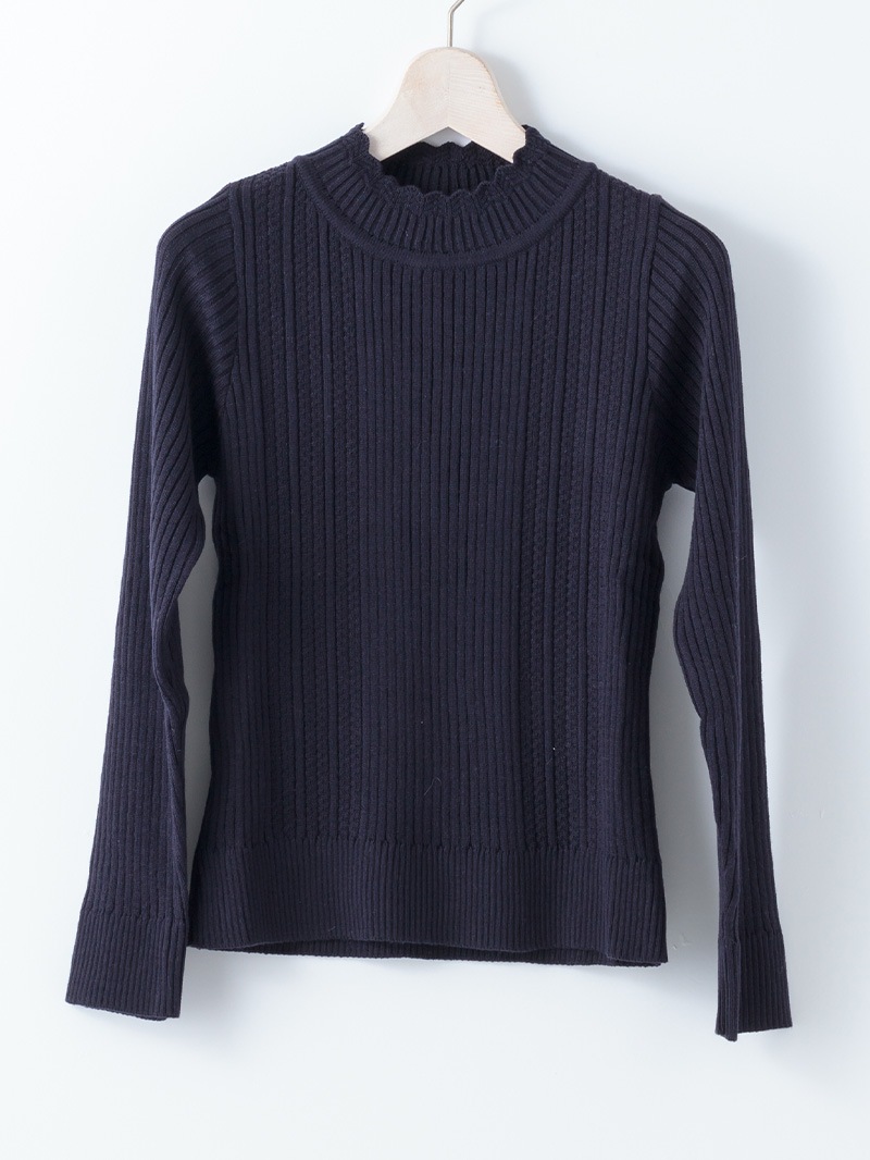 【30%OFF】リブ×柄編みハイネックニット