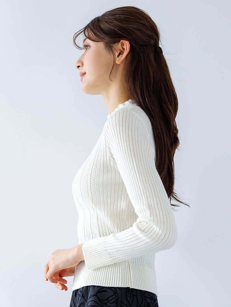 ホワイトリブ編みニット長袖 セール】レディース 長袖もちっと柔らかケーブル×リブ編みスキッパー