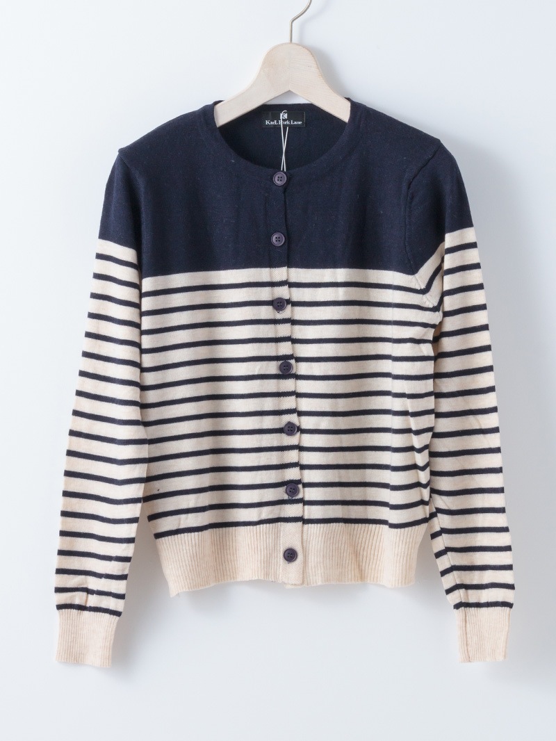 【40%OFF】部分ボーダー丸首カーディガン