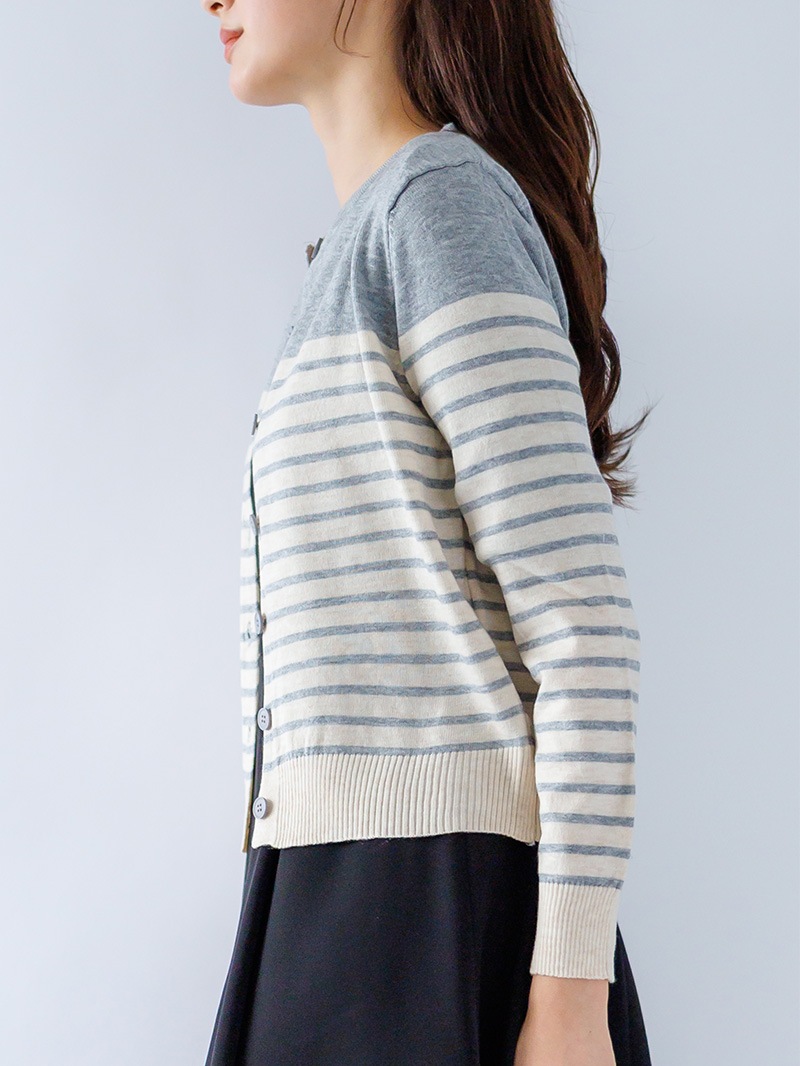 【40%OFF】部分ボーダー丸首カーディガン