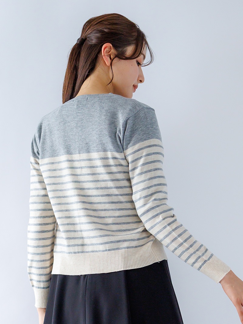 【40%OFF】部分ボーダー丸首カーディガン