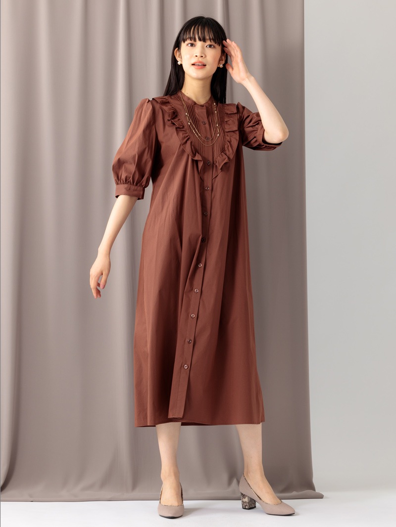 ブラウンフリルロングワンピース