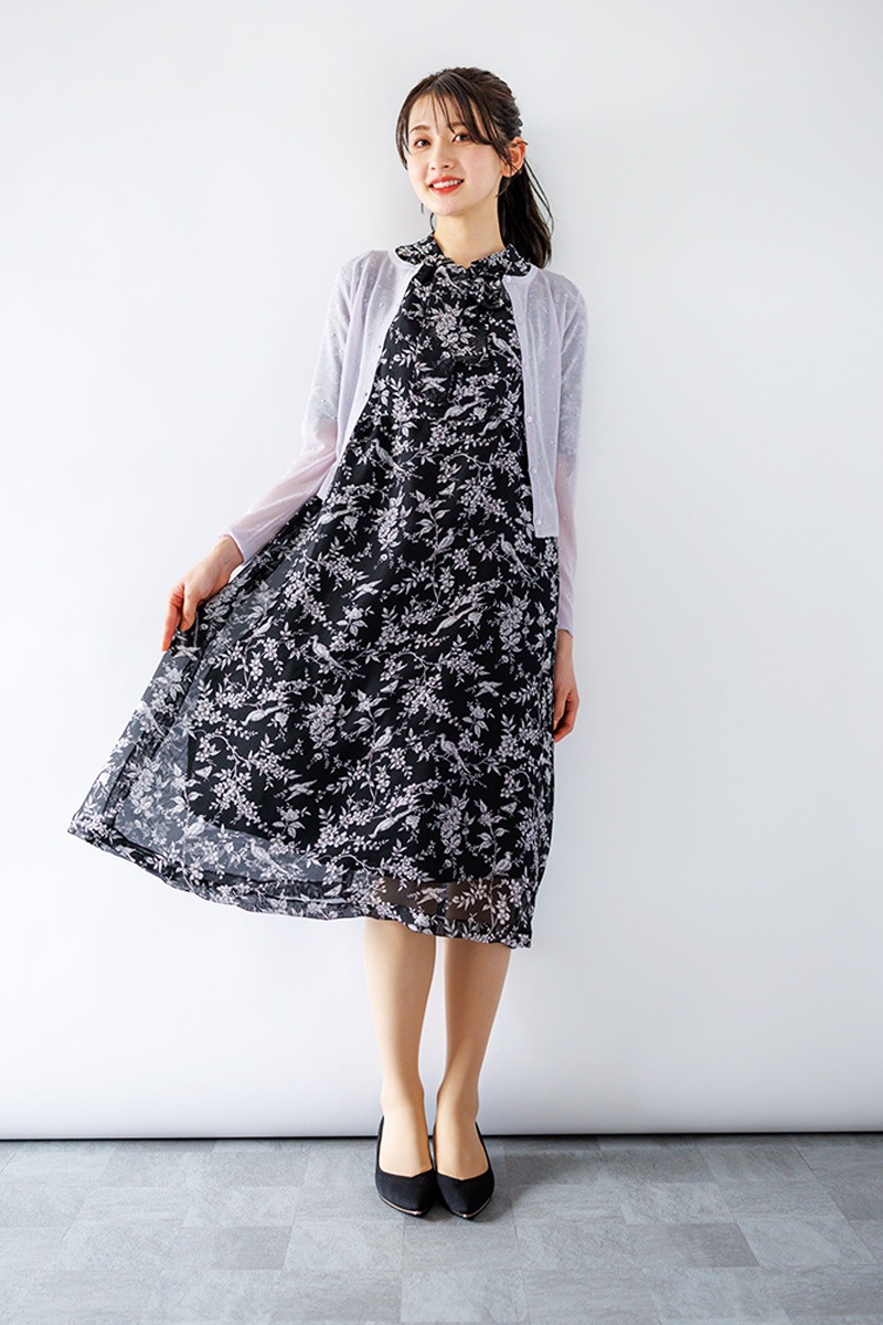 プリント ボウタイワンピース