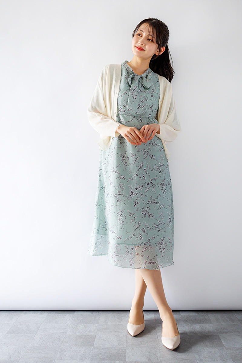 プリント ボウタイワンピース