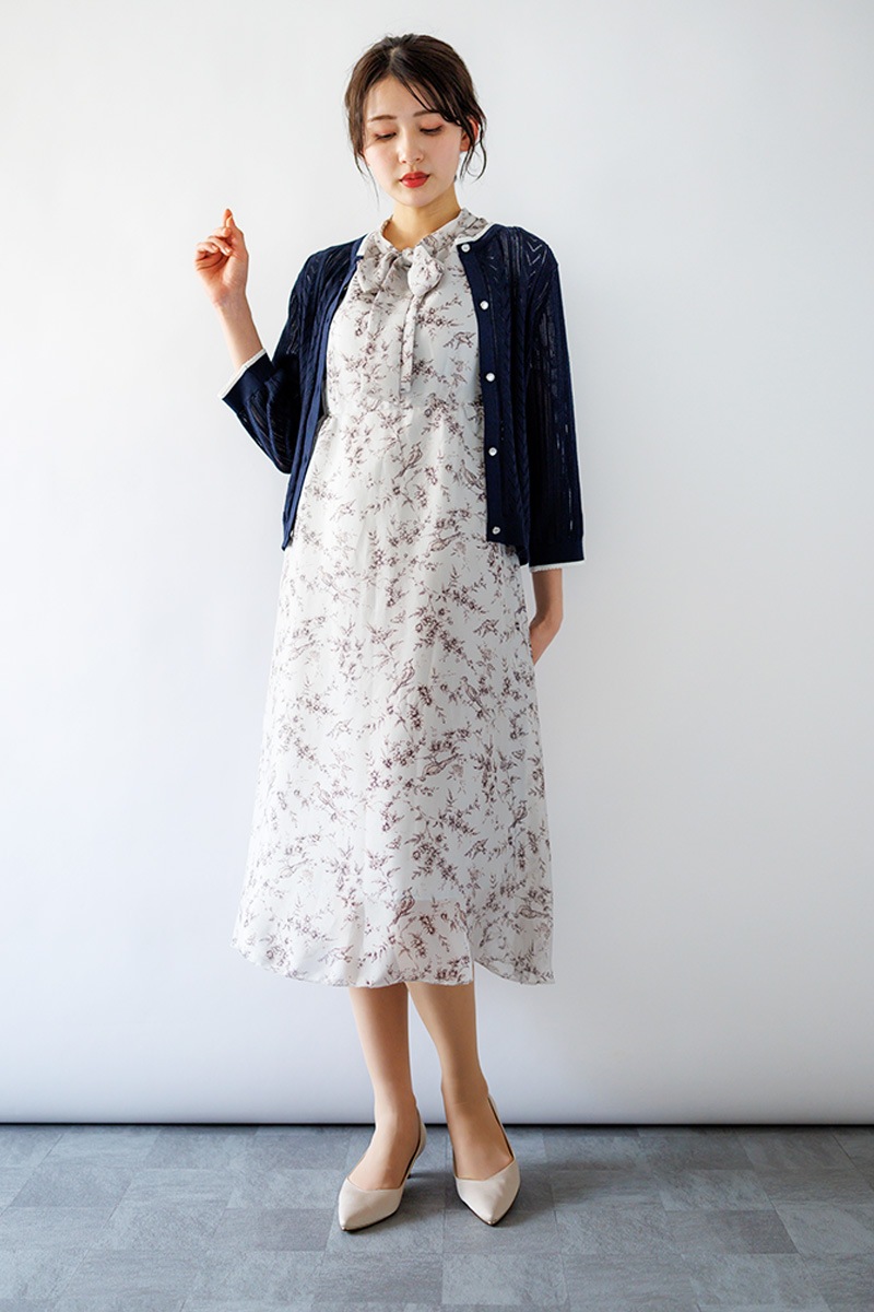 プリント ボウタイワンピース