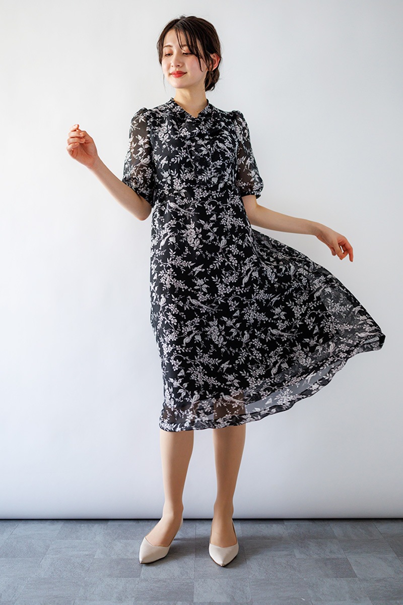 プリント ボウタイワンピース