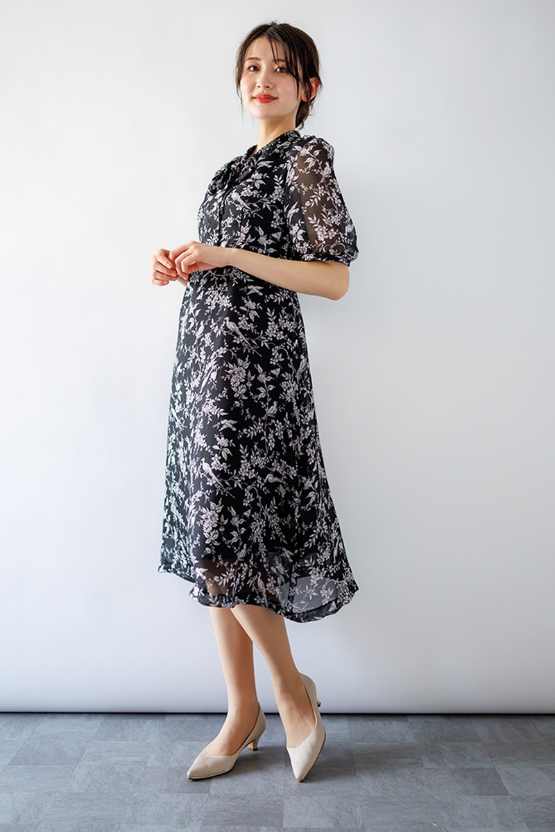 プリント ボウタイワンピース