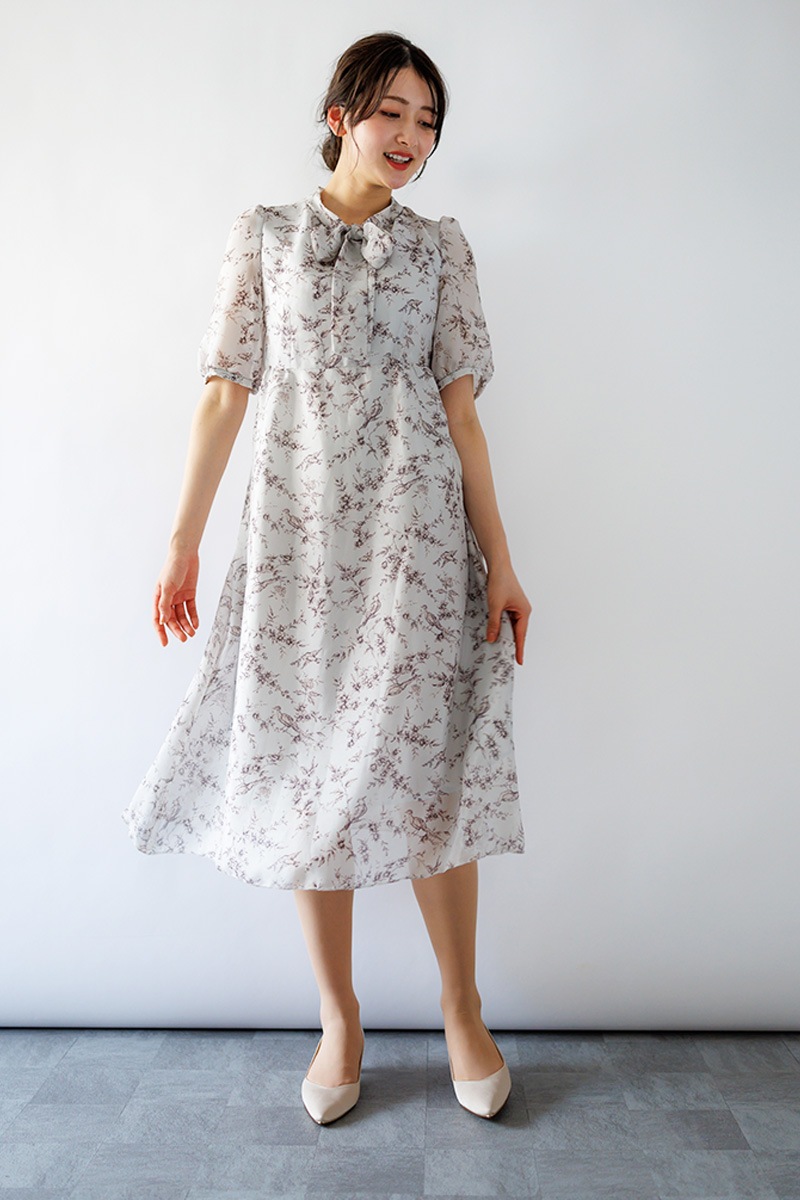プリント ボウタイワンピース