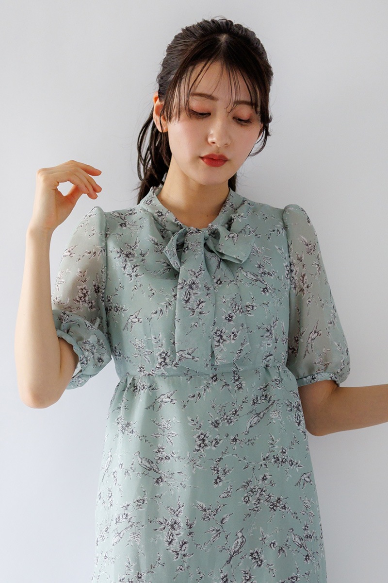 プリント ボウタイワンピース