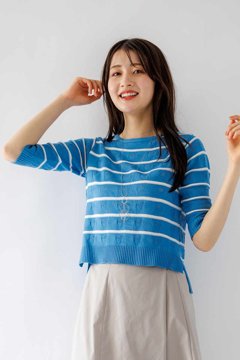 ボーダー前後差丸首ニット