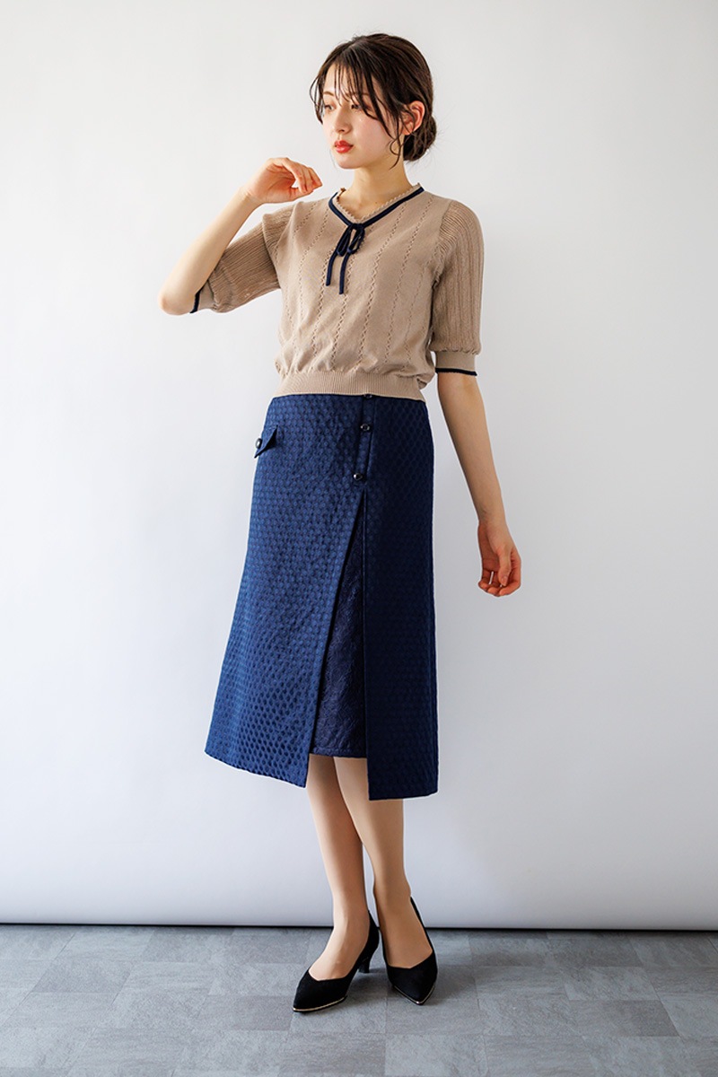 ピコ配色ｹｰﾌﾞﾙ×透かしVﾈｯｸﾆｯﾄ