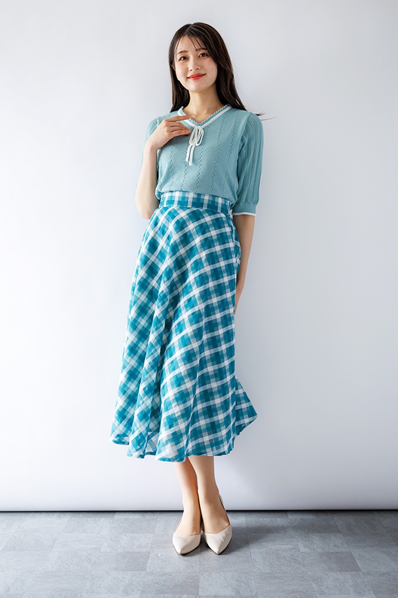 ピコ配色ｹｰﾌﾞﾙ×透かしVﾈｯｸﾆｯﾄ