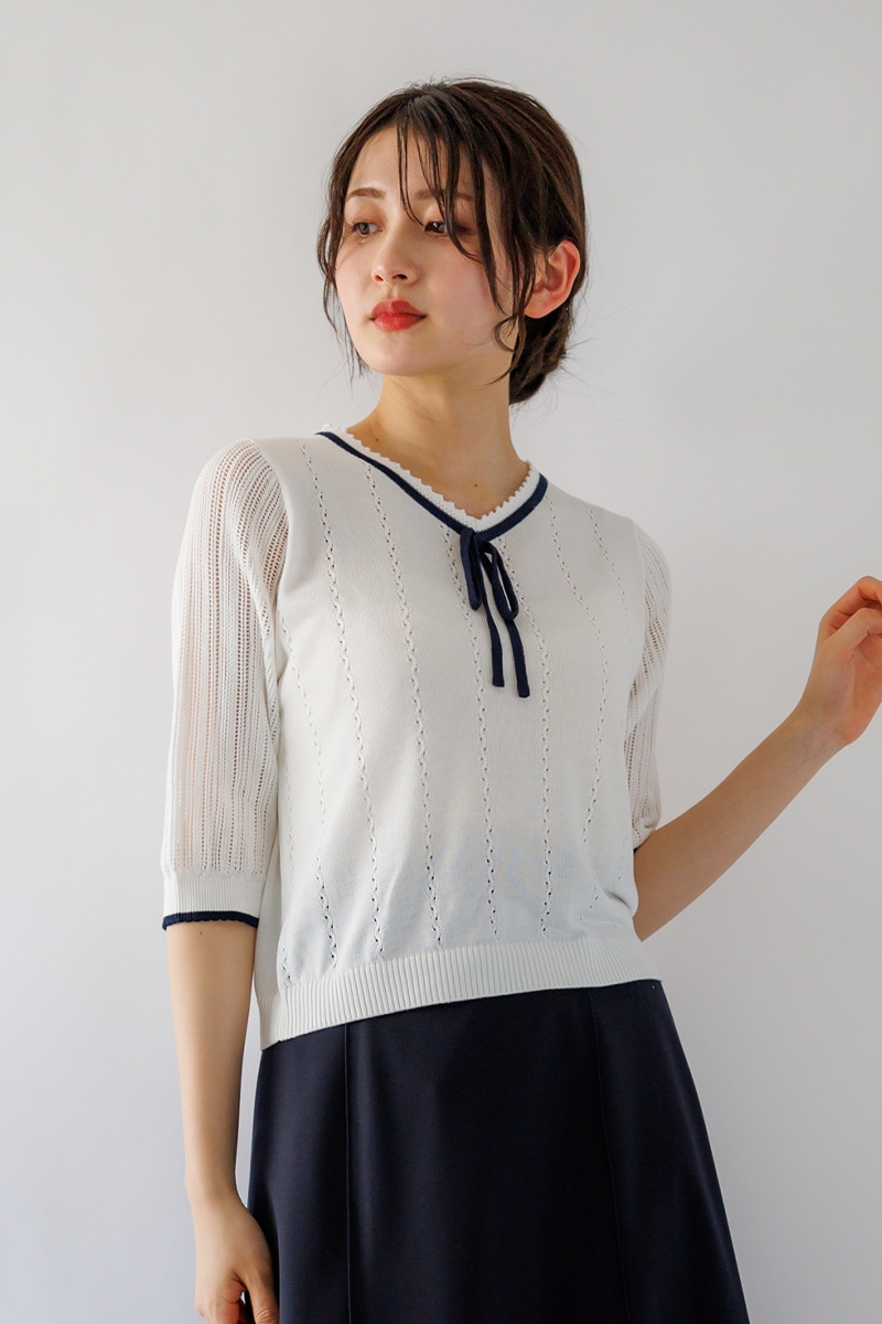 ピコ配色ｹｰﾌﾞﾙ×透かしVﾈｯｸﾆｯﾄ