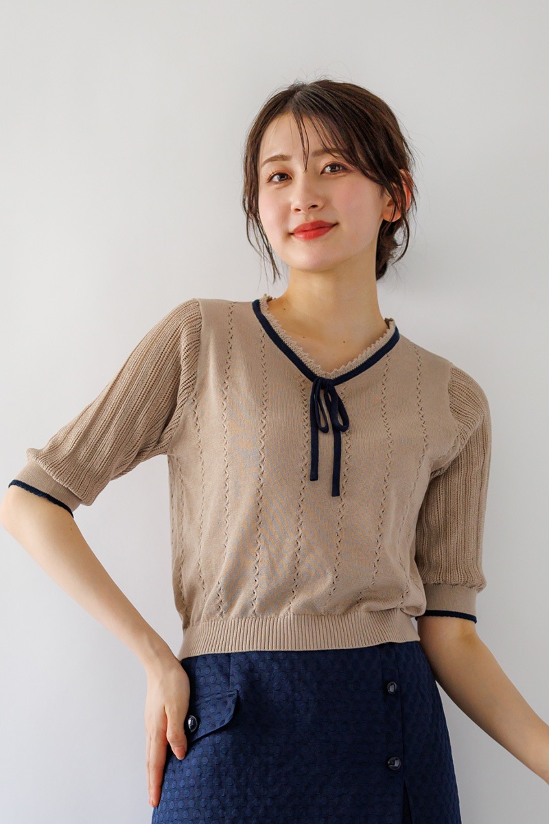 ピコ配色ｹｰﾌﾞﾙ×透かしVﾈｯｸﾆｯﾄ