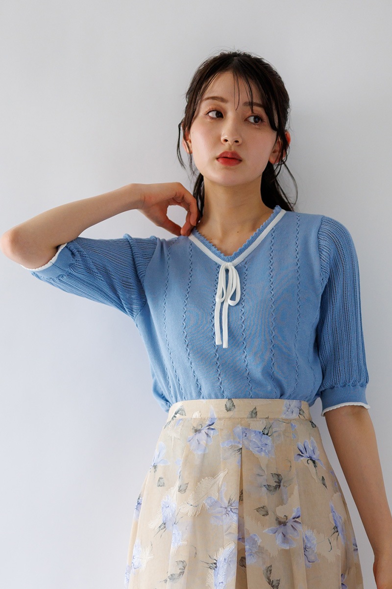 ピコ配色ｹｰﾌﾞﾙ×透かしVﾈｯｸﾆｯﾄ