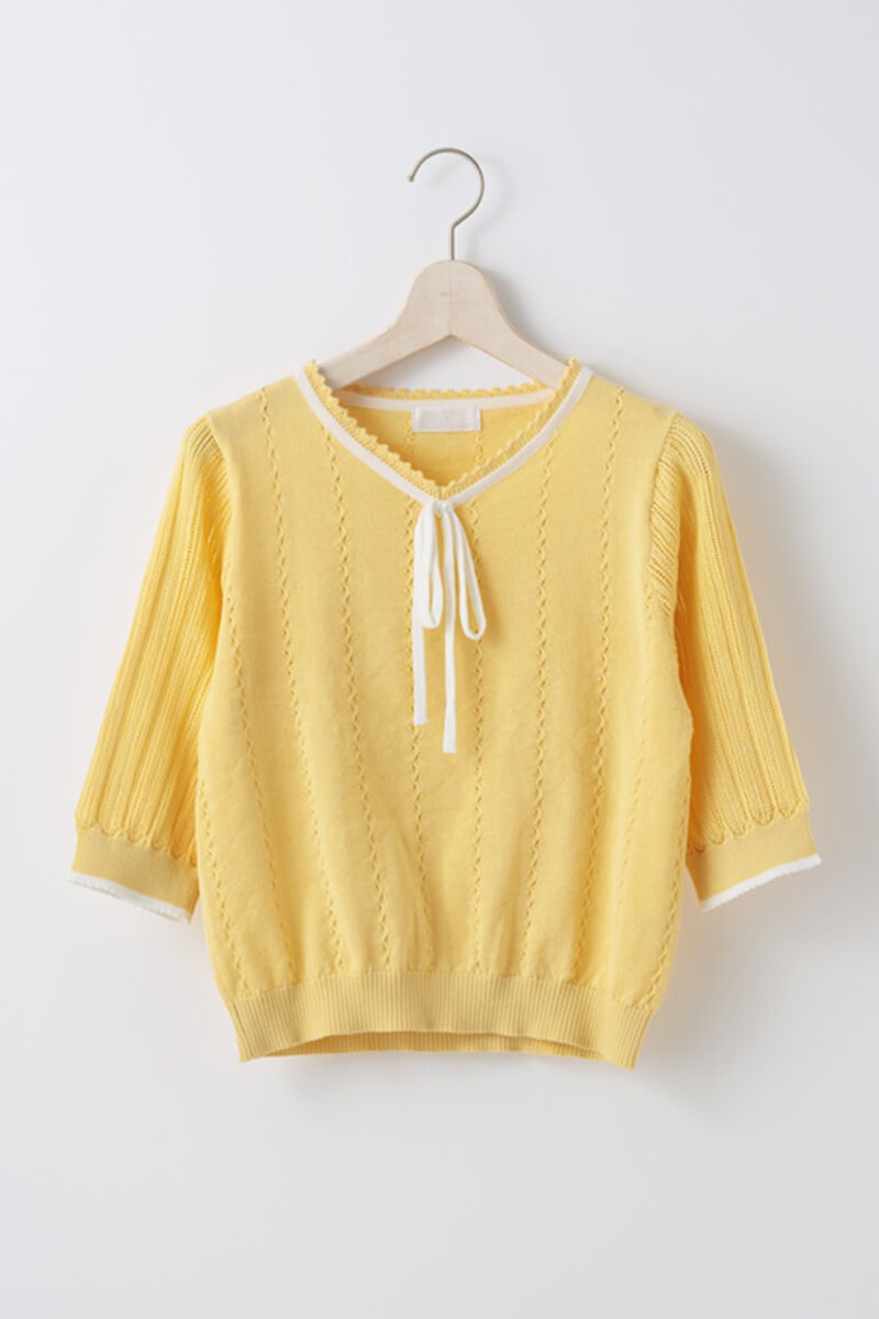 ピコ配色ｹｰﾌﾞﾙ×透かしVﾈｯｸﾆｯﾄ