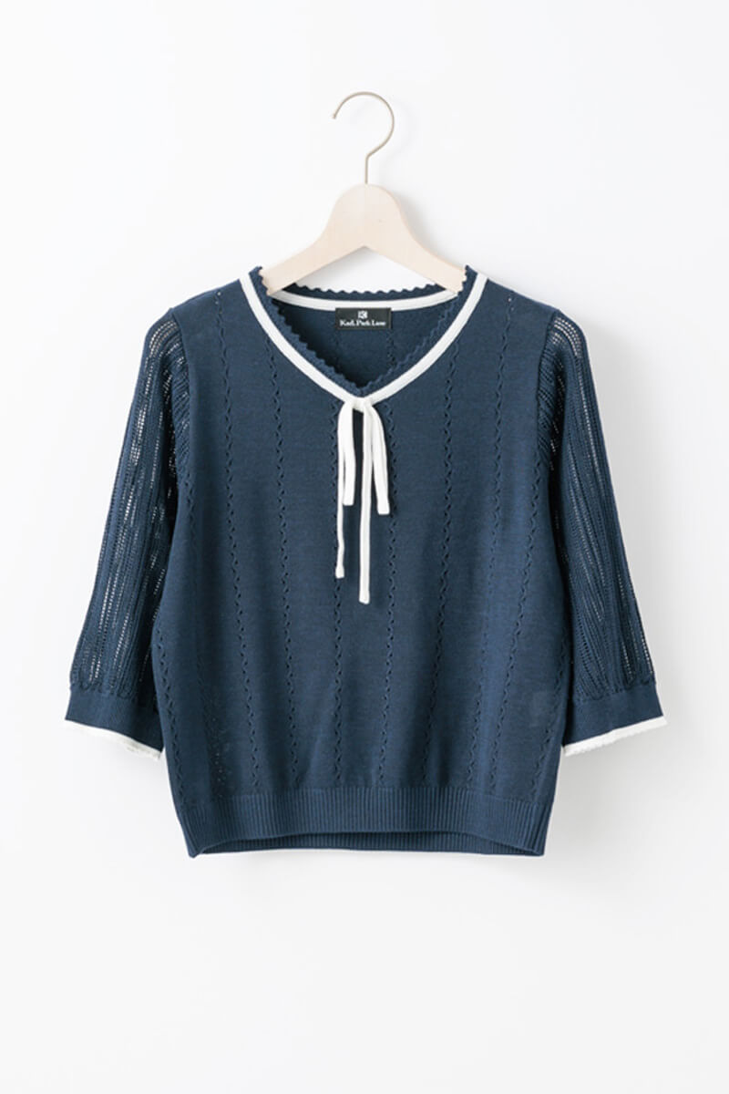 ピコ配色ｹｰﾌﾞﾙ×透かしVﾈｯｸﾆｯﾄ