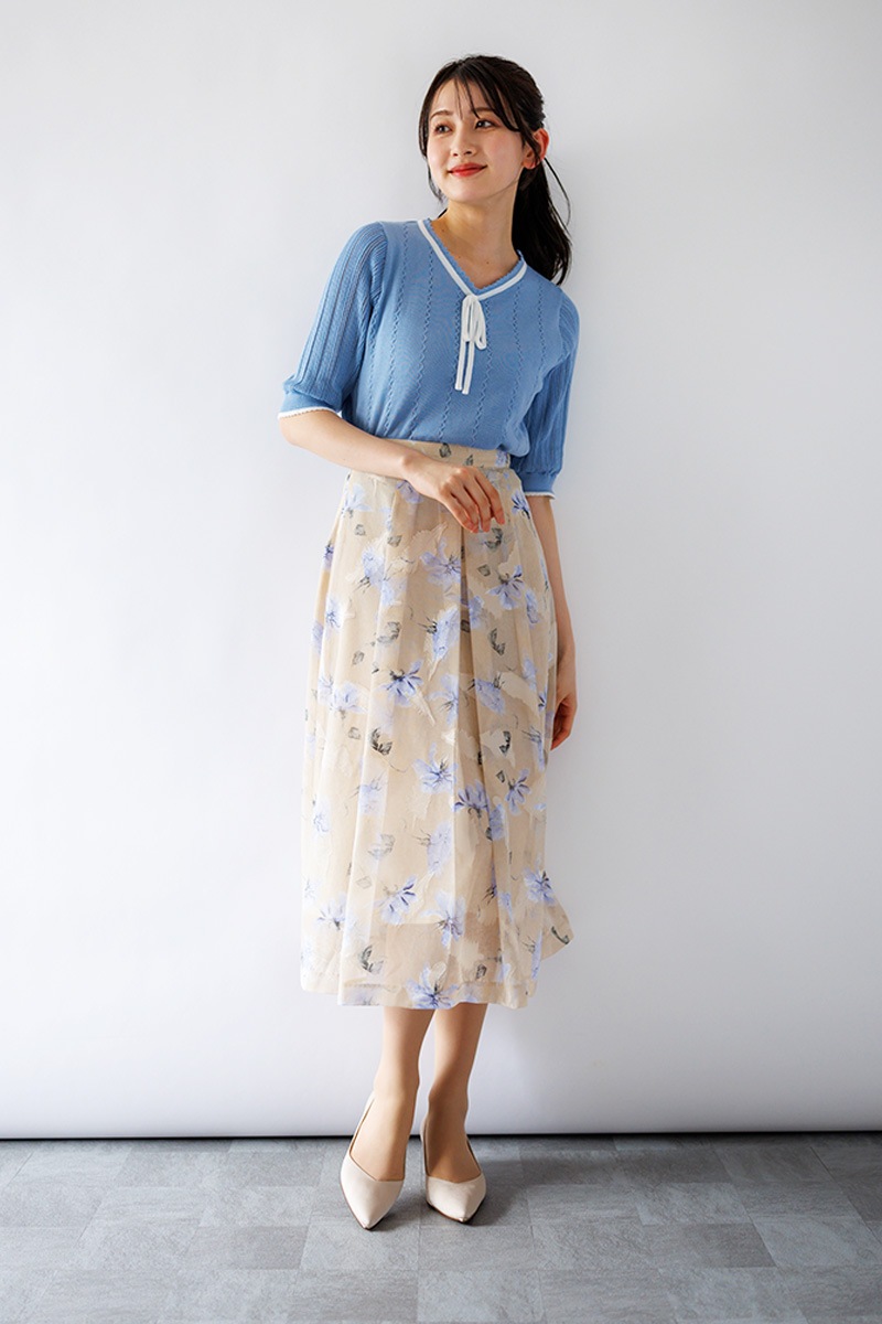 ピコ配色ｹｰﾌﾞﾙ×透かしVﾈｯｸﾆｯﾄ