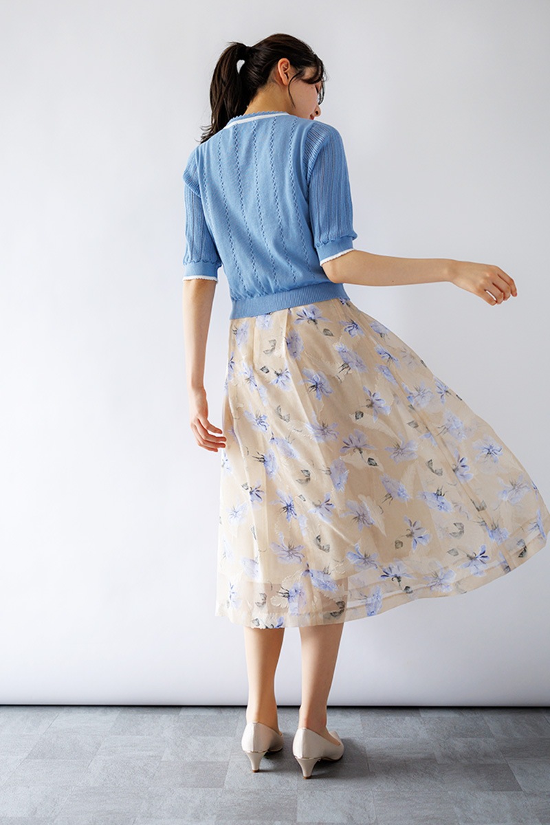 ピコ配色ｹｰﾌﾞﾙ×透かしVﾈｯｸﾆｯﾄ