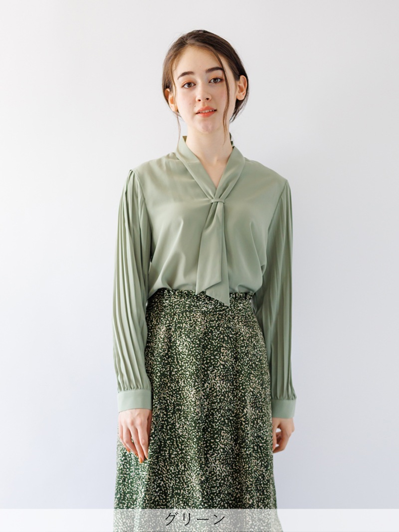 長袖プリーツタイ付きブラウス＜アウトレット均一価格＞