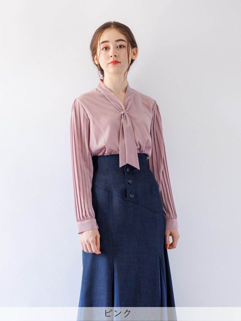 長袖プリーツタイ付きブラウス＜アウトレット均一価格＞