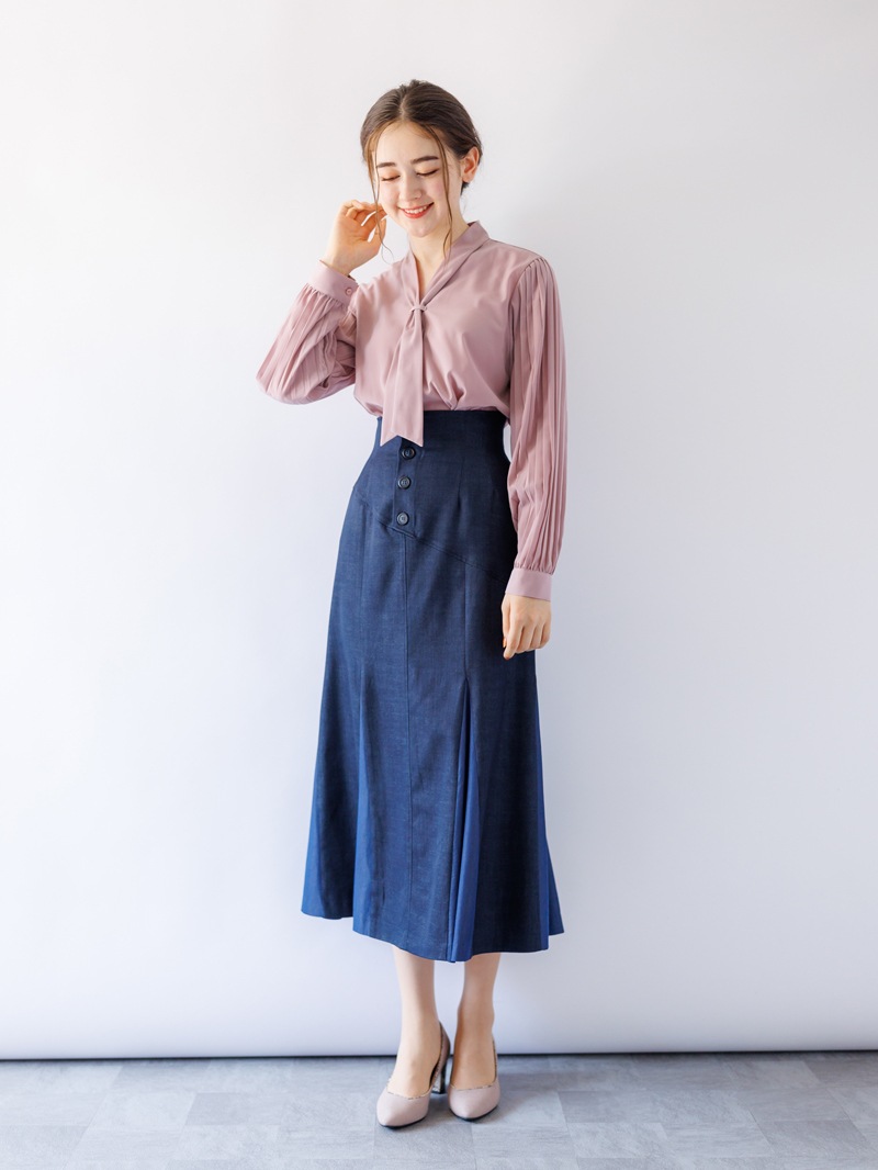 長袖プリーツタイ付きブラウス＜アウトレット均一価格＞