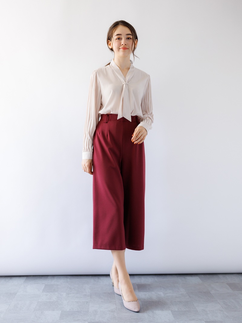 長袖プリーツタイ付きブラウス＜アウトレット均一価格＞