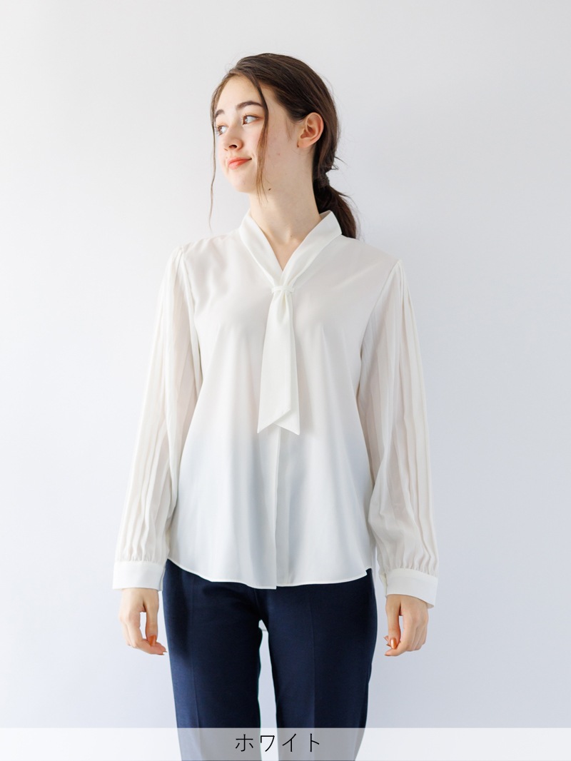 長袖プリーツタイ付きブラウス＜アウトレット均一価格＞