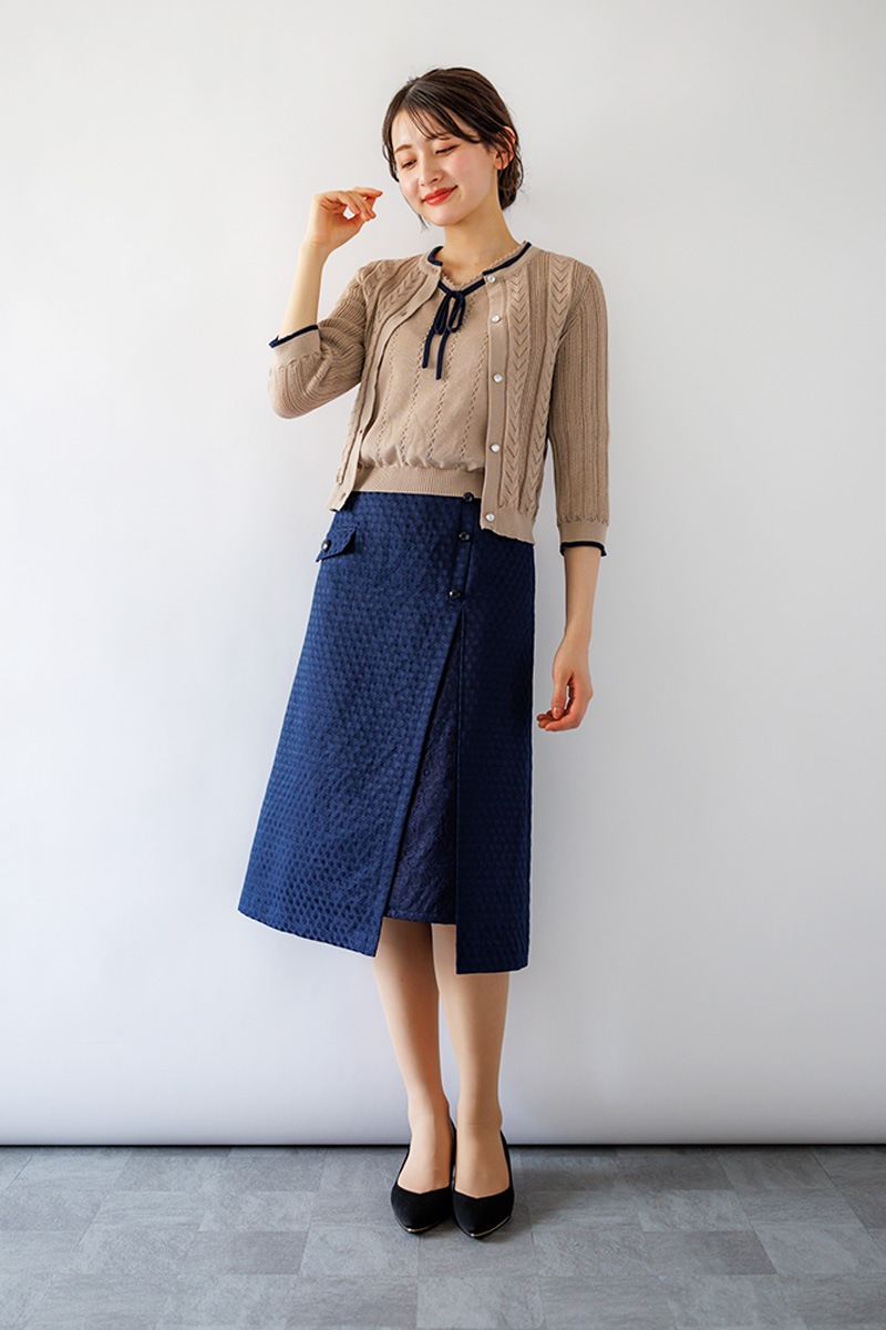 ピコ配色透かし丸首カーディガン