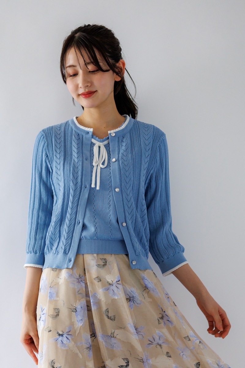 ピコ配色透かし丸首カーディガン