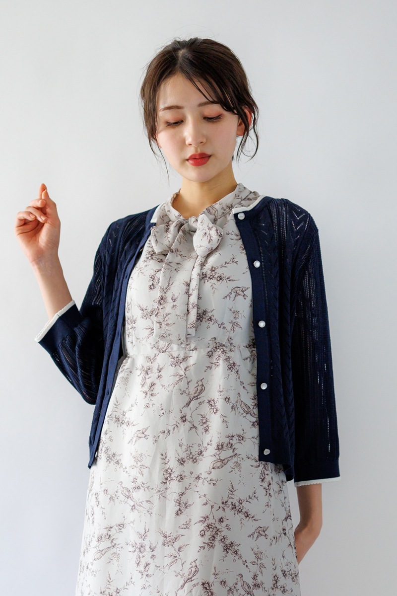 ピコ配色透かし丸首カーディガン