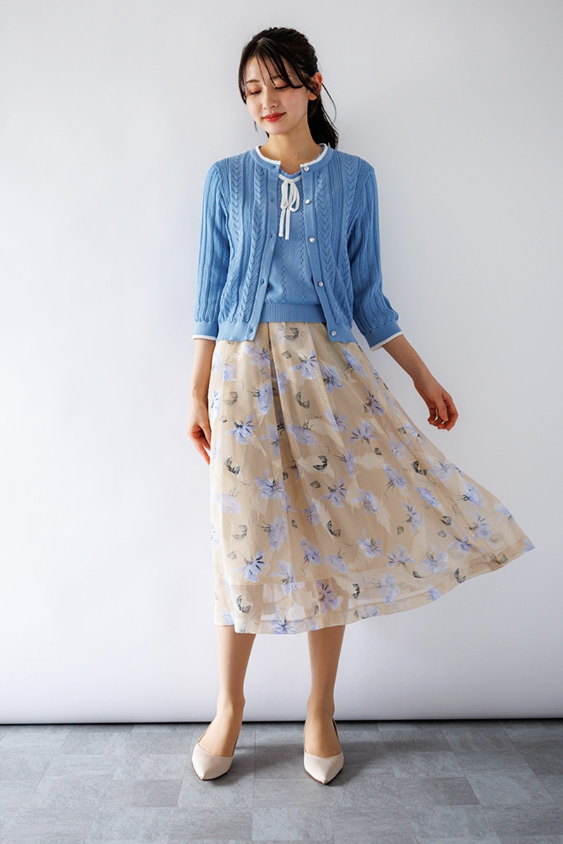 ピコ配色透かし丸首カーディガン