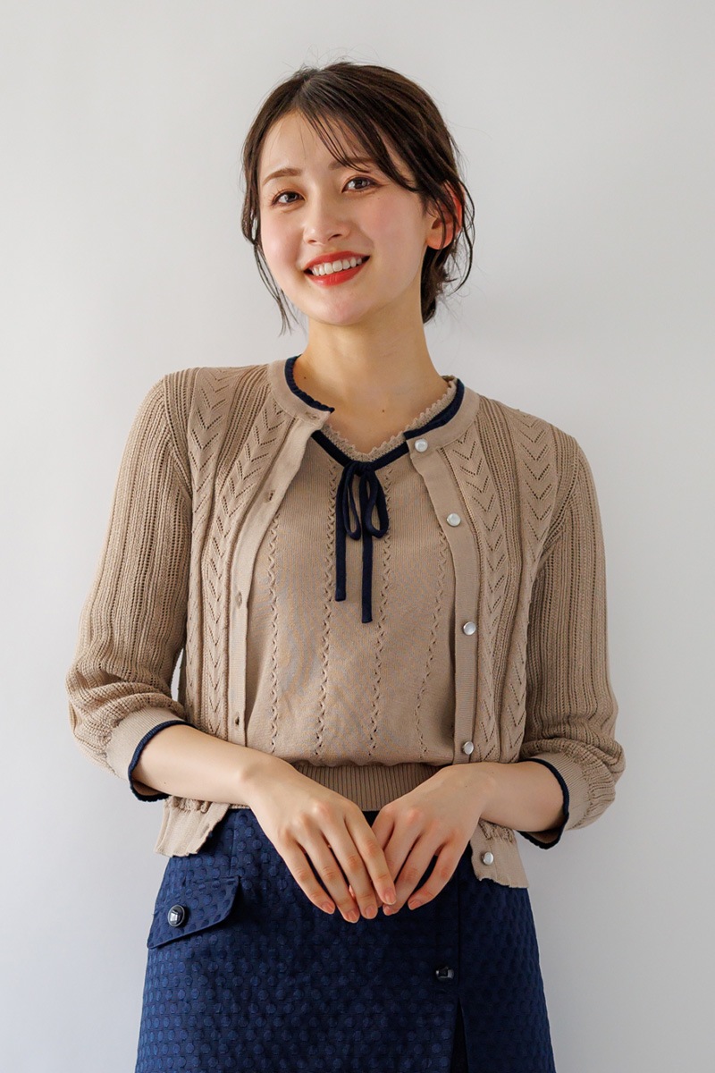 ピコ配色透かし丸首カーディガン