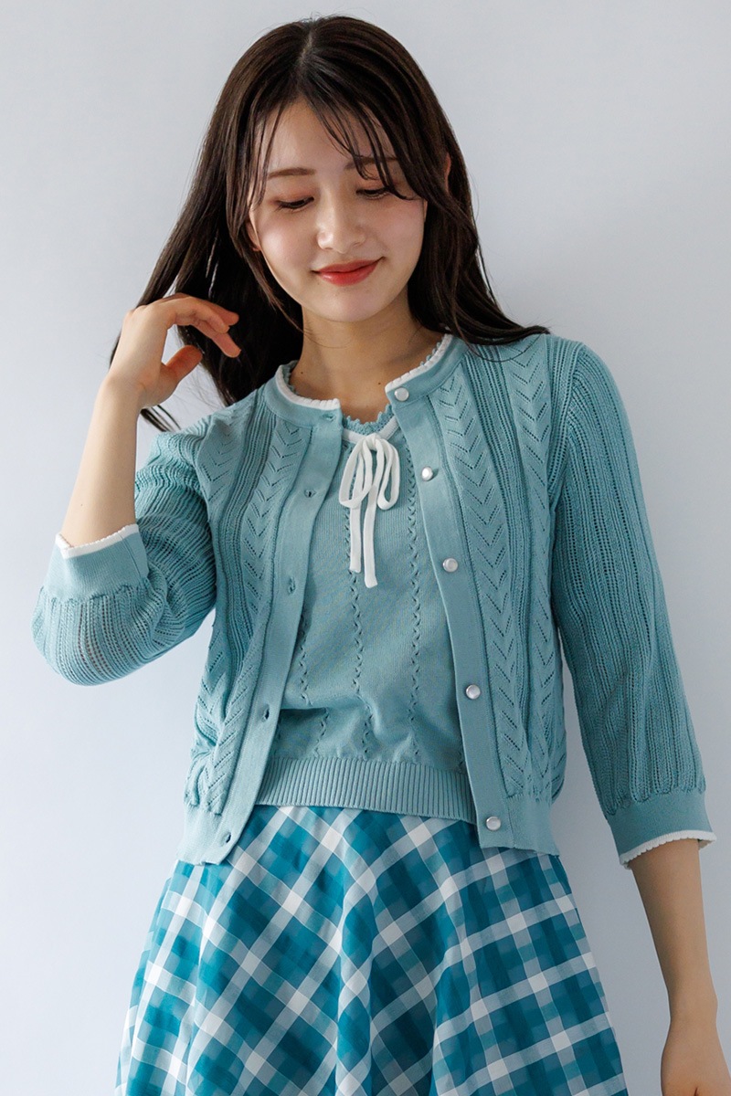 ピコ配色透かし丸首カーディガン