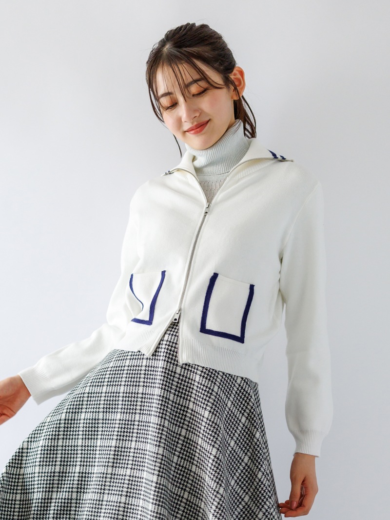 【70%OFF】配色ハイネックジップアップカーデ