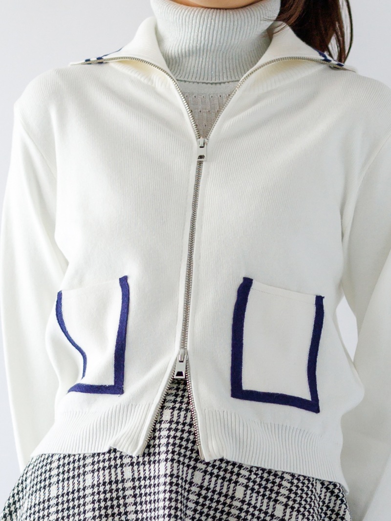 【70%OFF】配色ハイネックジップアップカーデ