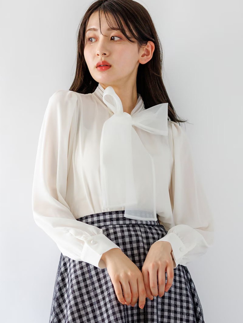 【50%OFF】オーガンジータイ付き長袖ブラウス
