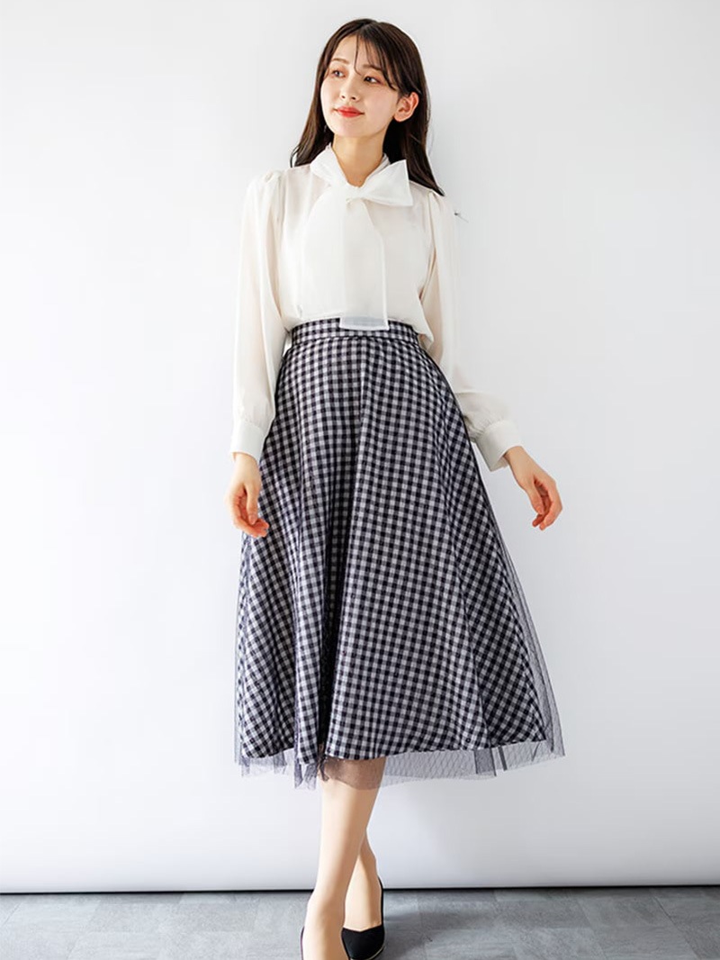 【50%OFF】オーガンジータイ付き長袖ブラウス