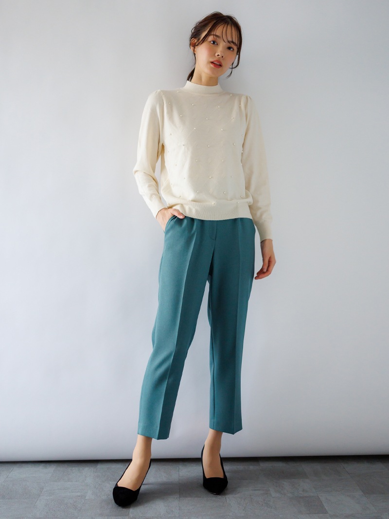 【50％OFF】パール付アーガイル柄ハイネックニット