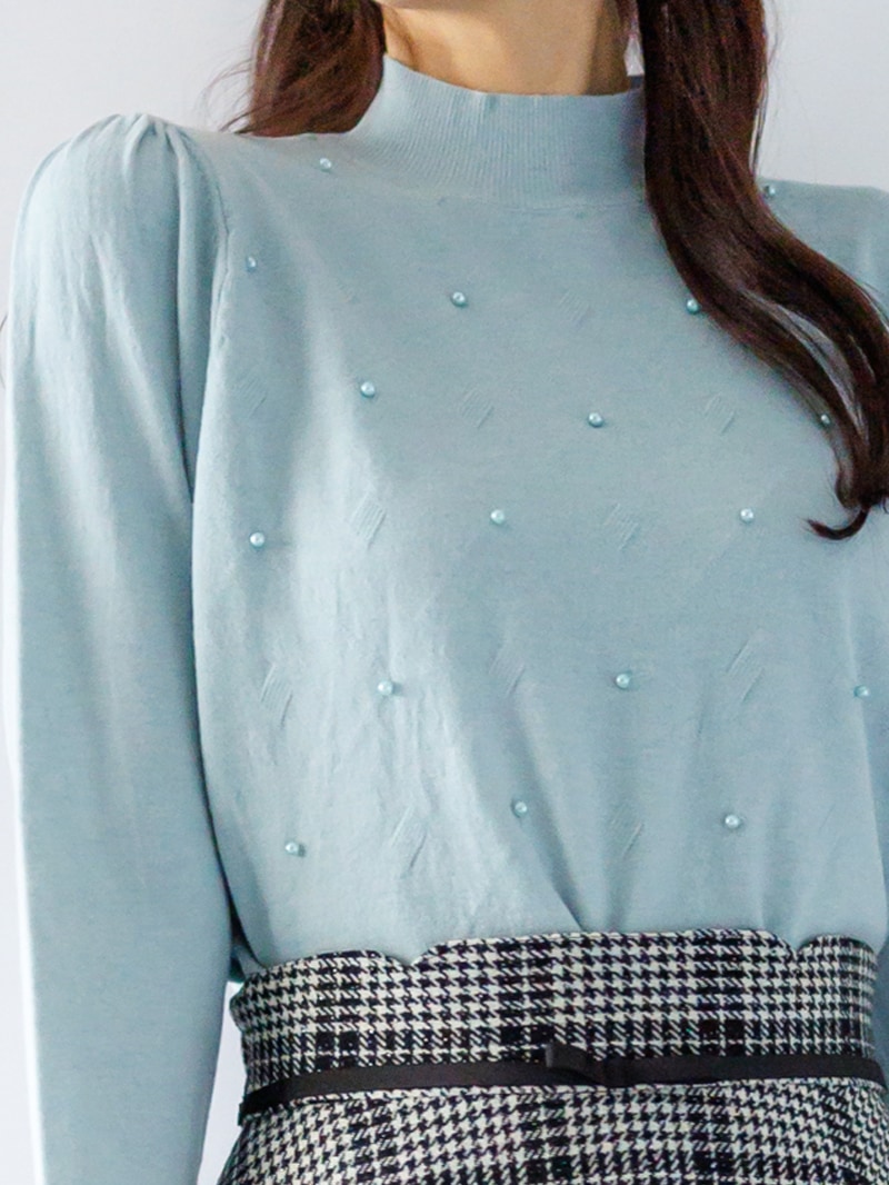 【50％OFF】パール付アーガイル柄ハイネックニット