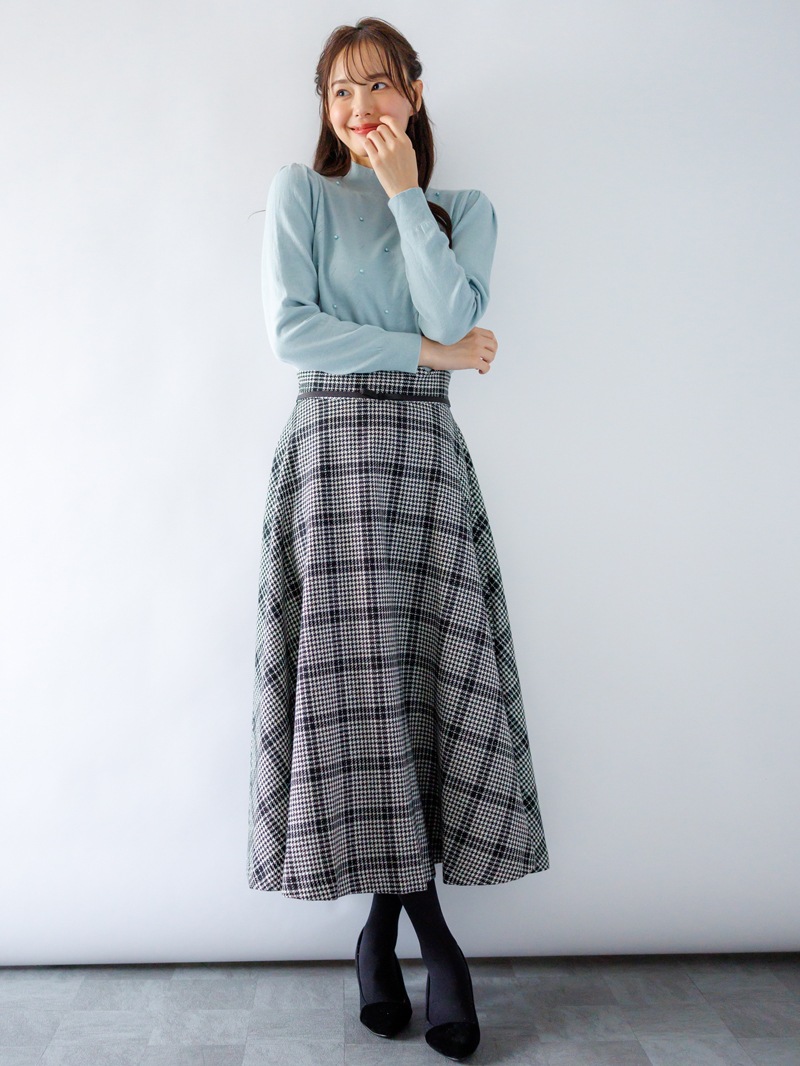 【50％OFF】パール付アーガイル柄ハイネックニット