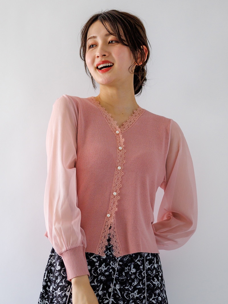 袖シフォン Vネックカーデ風ニット