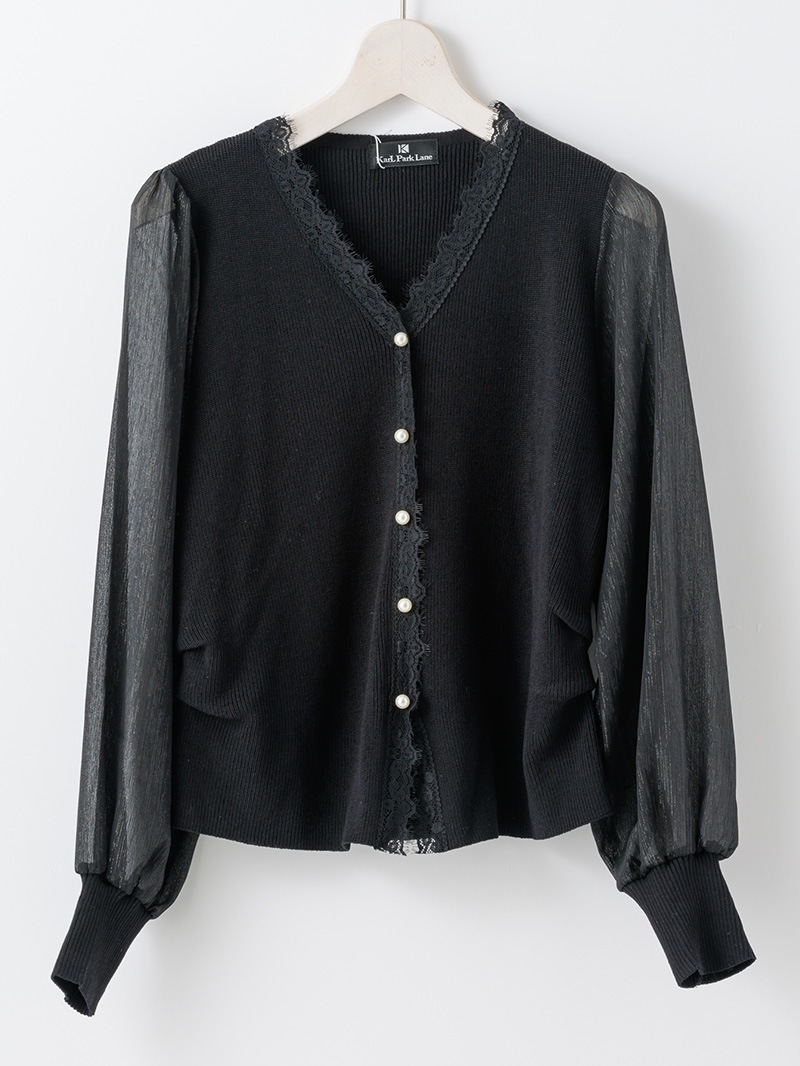 袖シフォン Vネックカーデ風ニット