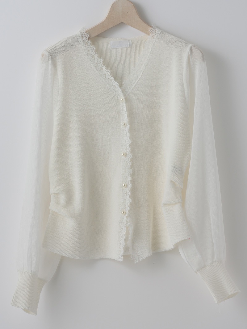 袖シフォン Vネックカーデ風ニット