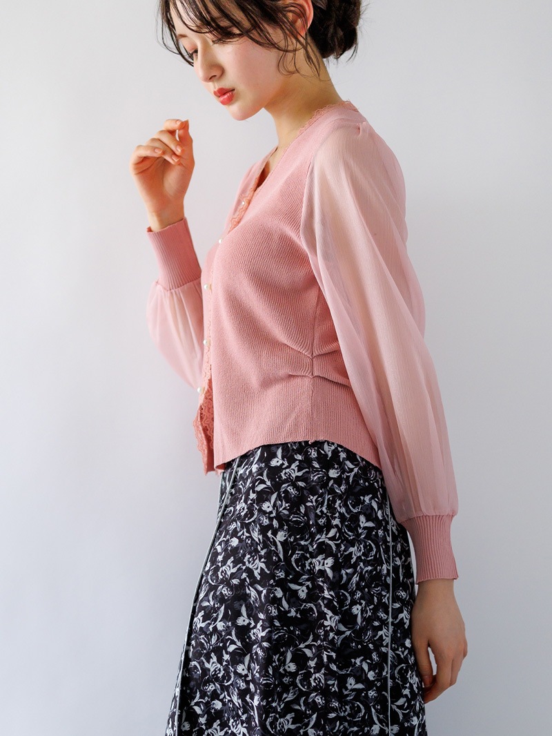 袖シフォン Vネックカーデ風ニット