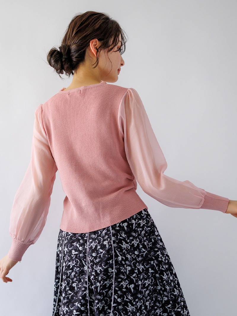 袖シフォン Vネックカーデ風ニット
